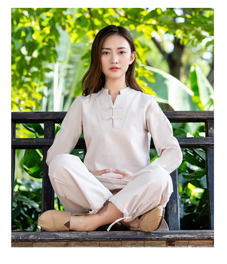 棉麻瑜伽服加绒加厚女居士禅修打坐冥想辟谷太极服套装健身运动服