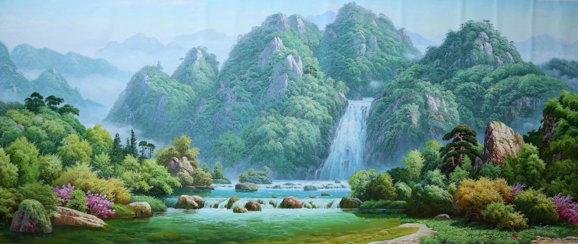 手工绘画自然风光 人间仙境朝鲜风景油画定制批发