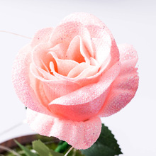 仿真花粉色金粉单支玫瑰 玻璃罩松木碳化底座LED灯母亲节礼品代发