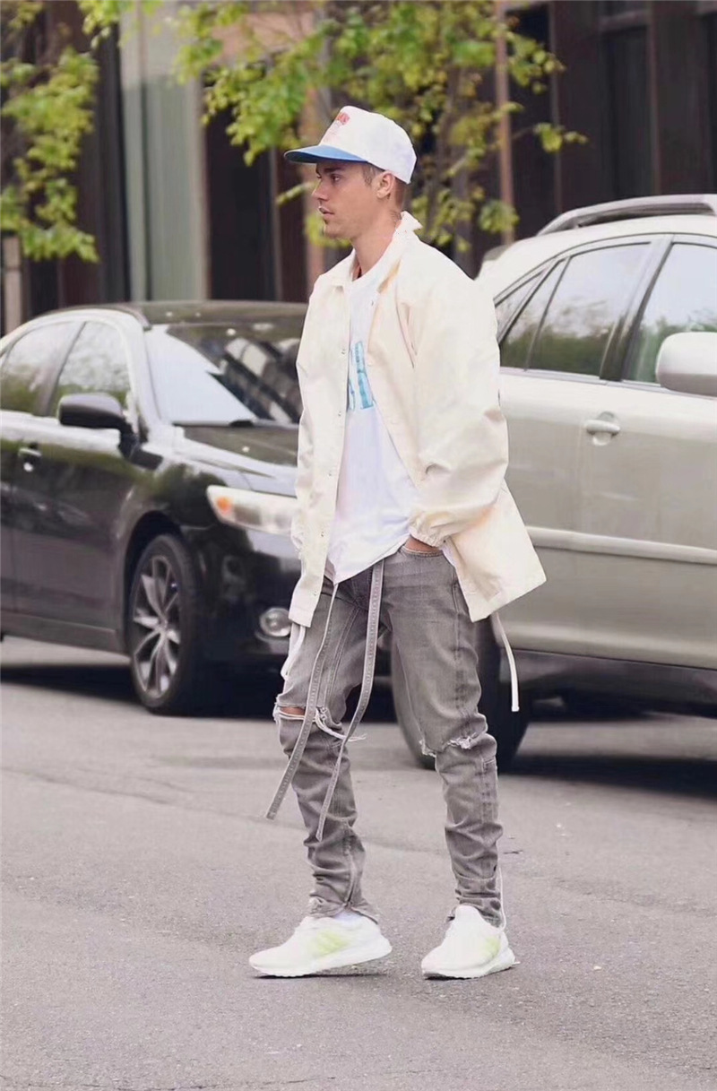 高品质fog风格第六季 比伯同款黑灰色破洞侧拉链飘带洗水牛仔裤潮