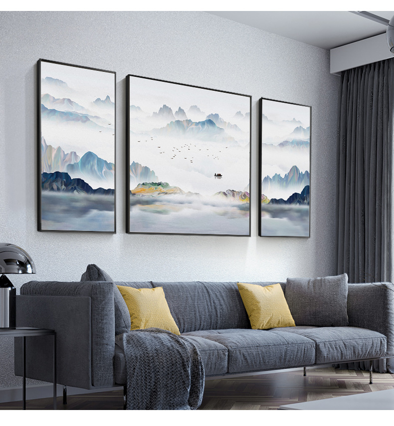 客厅装饰画新中式山水画风水靠山壁画三联画现代简约沙发背景挂画