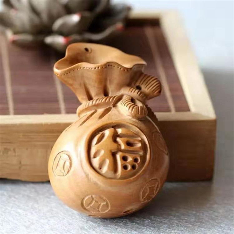 桃木福字钱袋手工雕刻钥匙扣把玩钱袋子项链diy小饰品配件