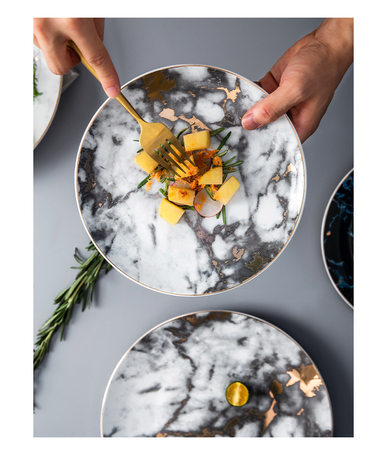 北欧风牛排盘 ins大理石纹家用餐盘创意陶瓷餐具西餐盘圆形点心盘