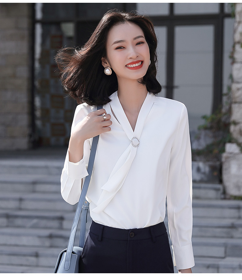白色衬衫女设计感小众春秋长袖上衣女士时尚洋气v领雪纺职业衬衣