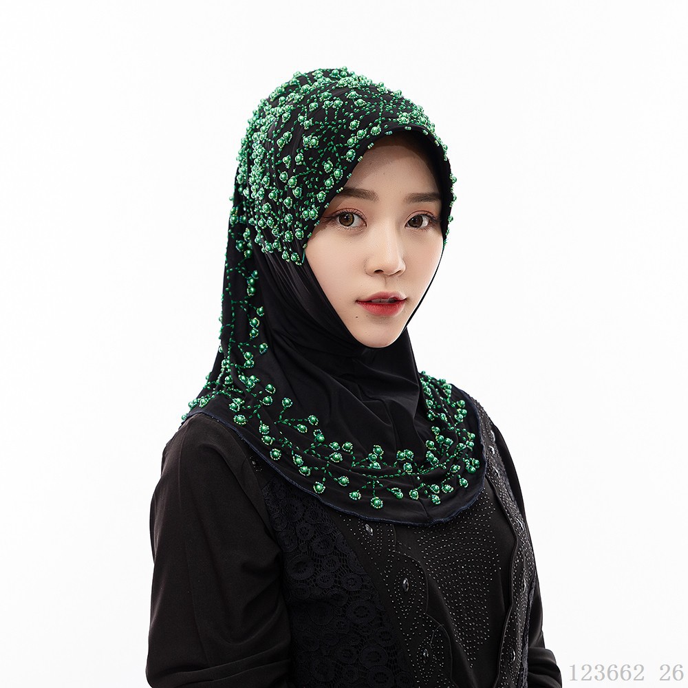 新款大颗粒珍珠马来穆斯林头巾印尼串珠盖头东南亚跨境货源代发
