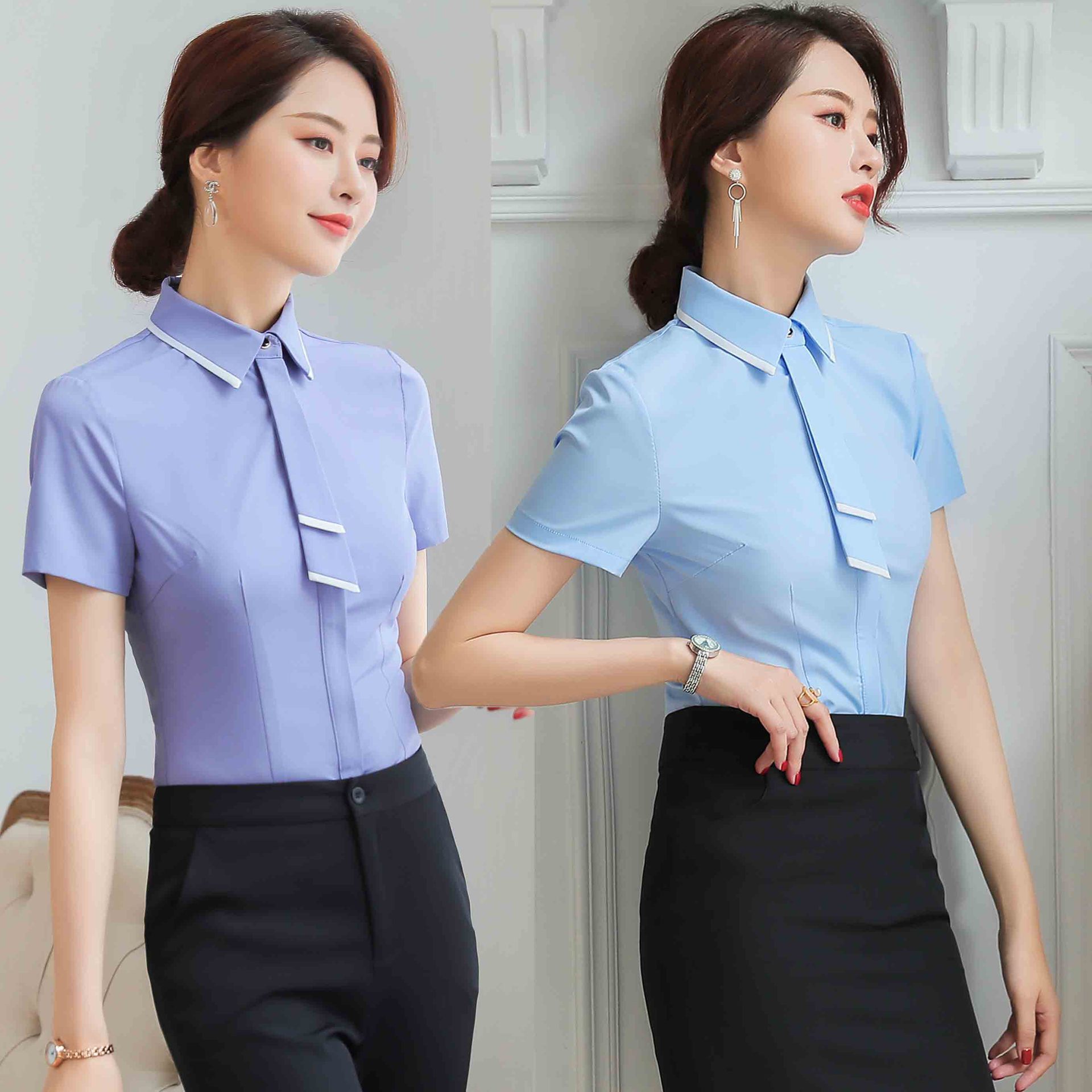 职业女衬衫套装面试正装工作服夏装新款时尚修身短袖衬衫套裙工装