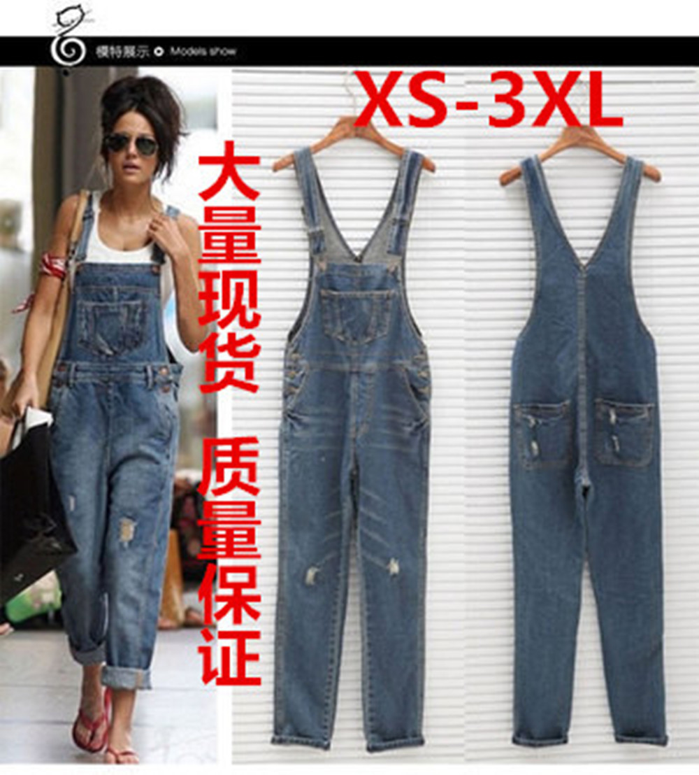 European and American Ripped Denim Suspender Pants Women's Suspenders Loose-Fitting Overalls Denim Trousers Students' Pants