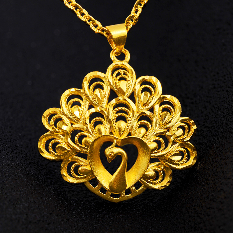 批发黄铜镀黄金开屏孔雀花吊坠 沙金孔雀开屏项链吊饰 民族风项坠