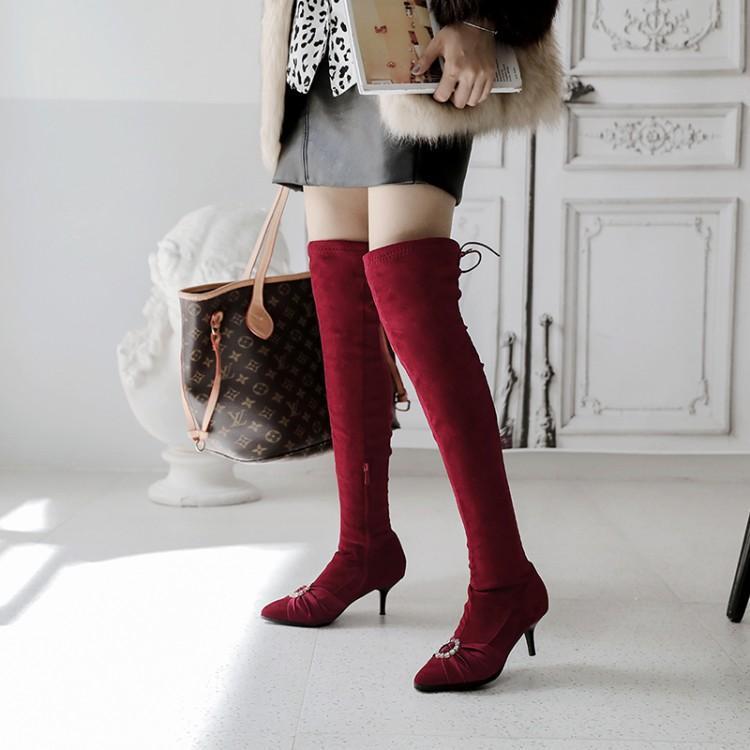 靴女女鞋高跟过膝靴弹力骑士靴马靴靴子酒红色女靴大码小码kb