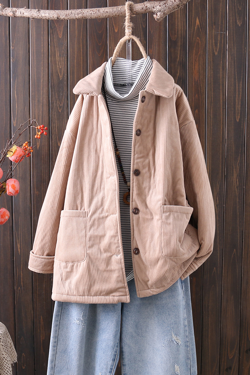 2019年冬款 韩版复古百搭夹棉加厚纯色灯芯绒中长款棉衣外套女