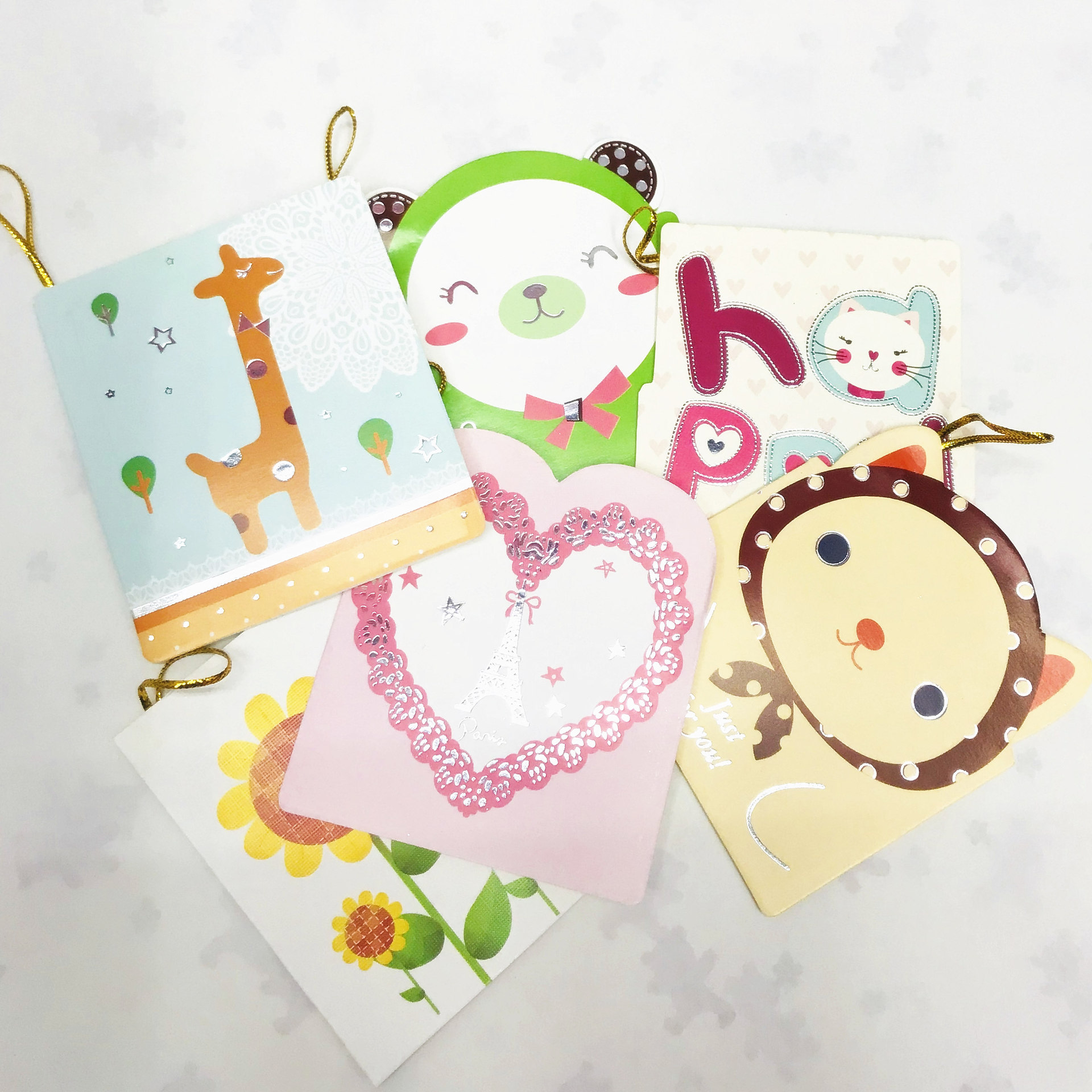 儿童贺卡挂绳贺卡创意卡通对折金丝线小吊卡礼品祝福节日卡片