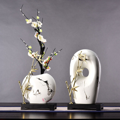 新中式陶瓷家居饰品 样板房客厅书房摆件 玄关大气竹叶软装工艺品