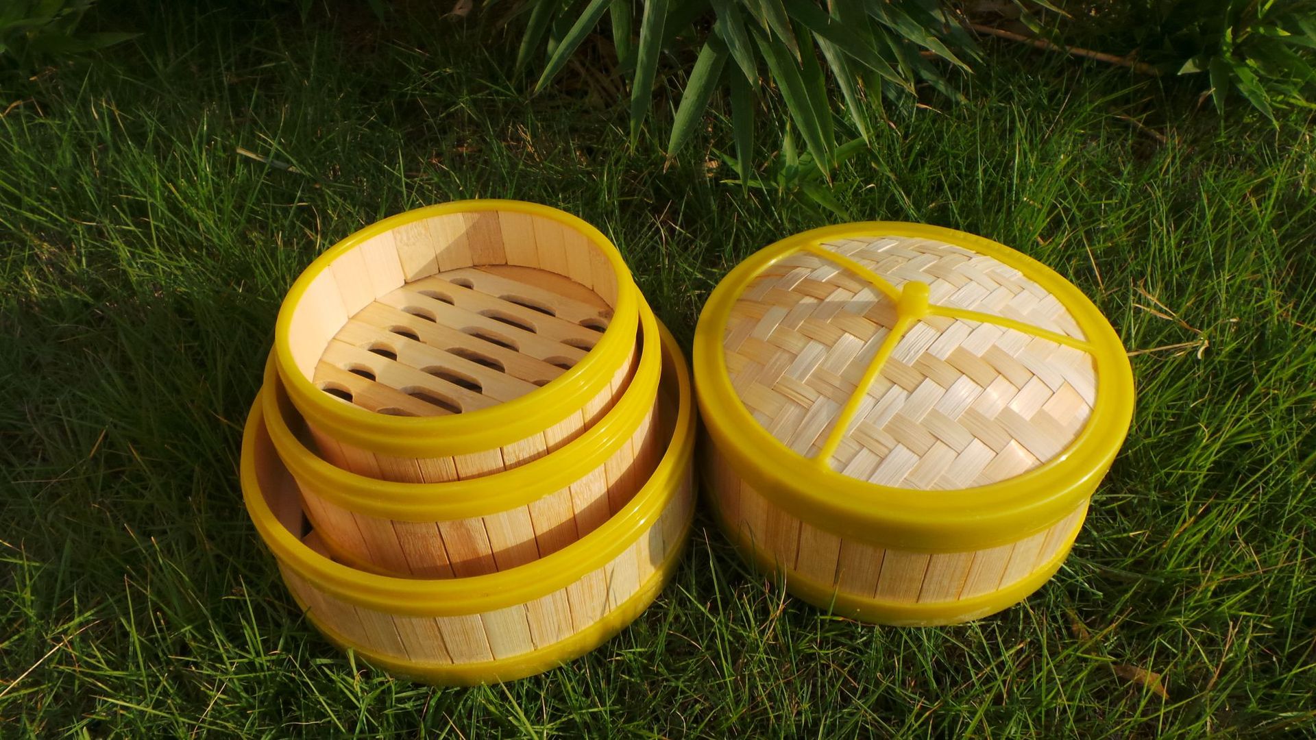 黄色塑料胶边竹片蒸笼小笼包笼竹制厂家酒店早茶点心竹笼屉蒸笼