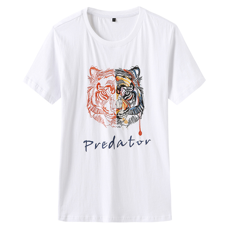 g潮牌2022夏季重磅动物老虎头刺绣欧美纯棉白色修身圆领短袖t恤男