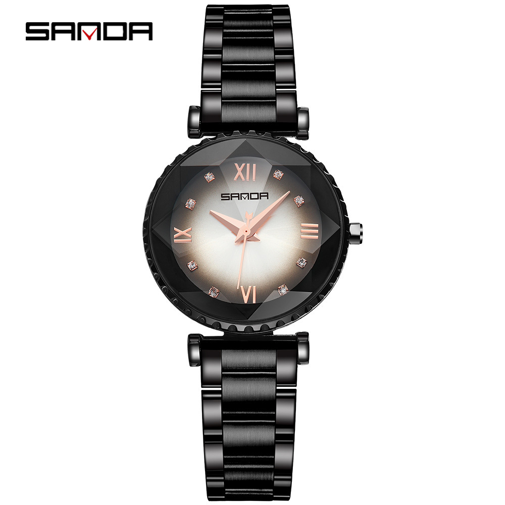 sanda 三达p1014潮流水炫彩表盘镶钻女石英钢带表