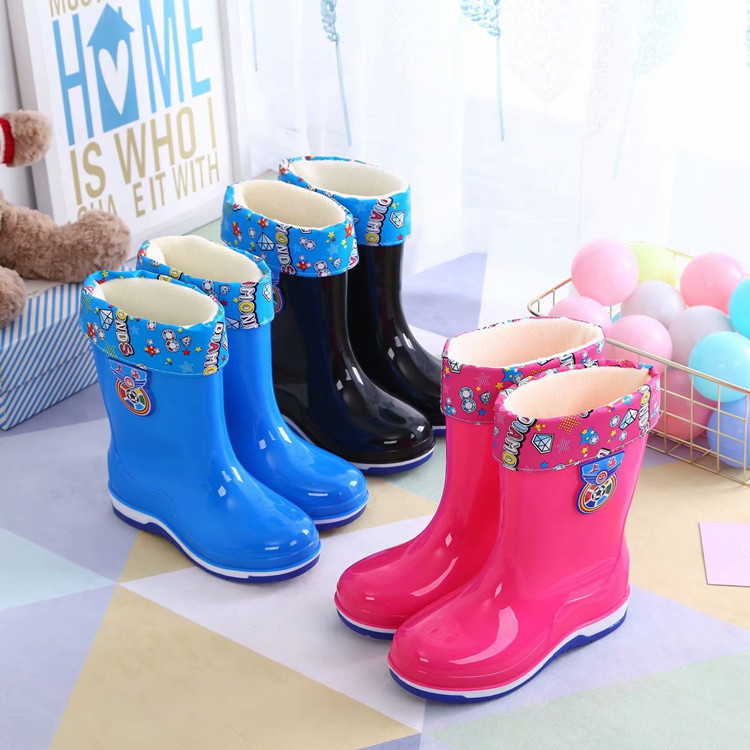 Children's Rain Boots Man and Woman Cartoon Fleece-Lined Non-Slip High Tube Rain Shoes Rain Boots Extra Large Children Warm Rubber Shoes Non-Slip Sole Rubber Boots