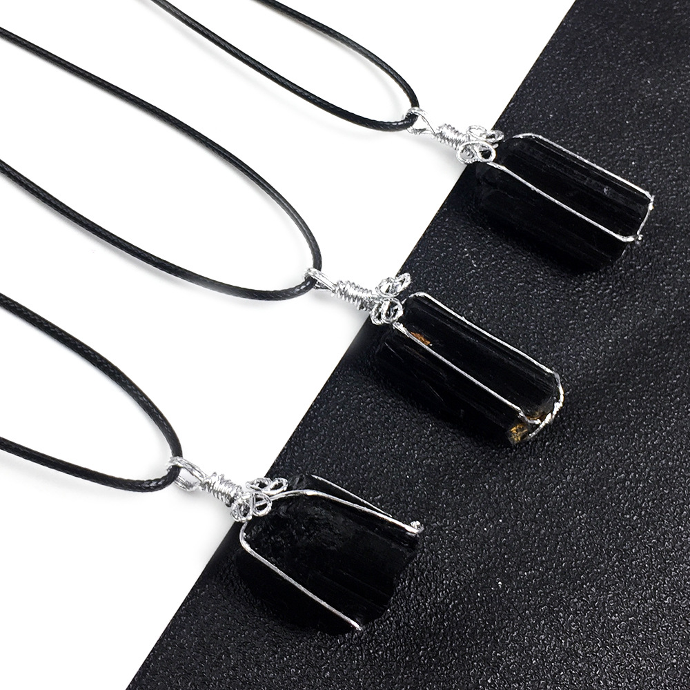 天然水晶黑碧玺原石吊坠绕丝黑碧玺电气石柱原石原矿吊坠