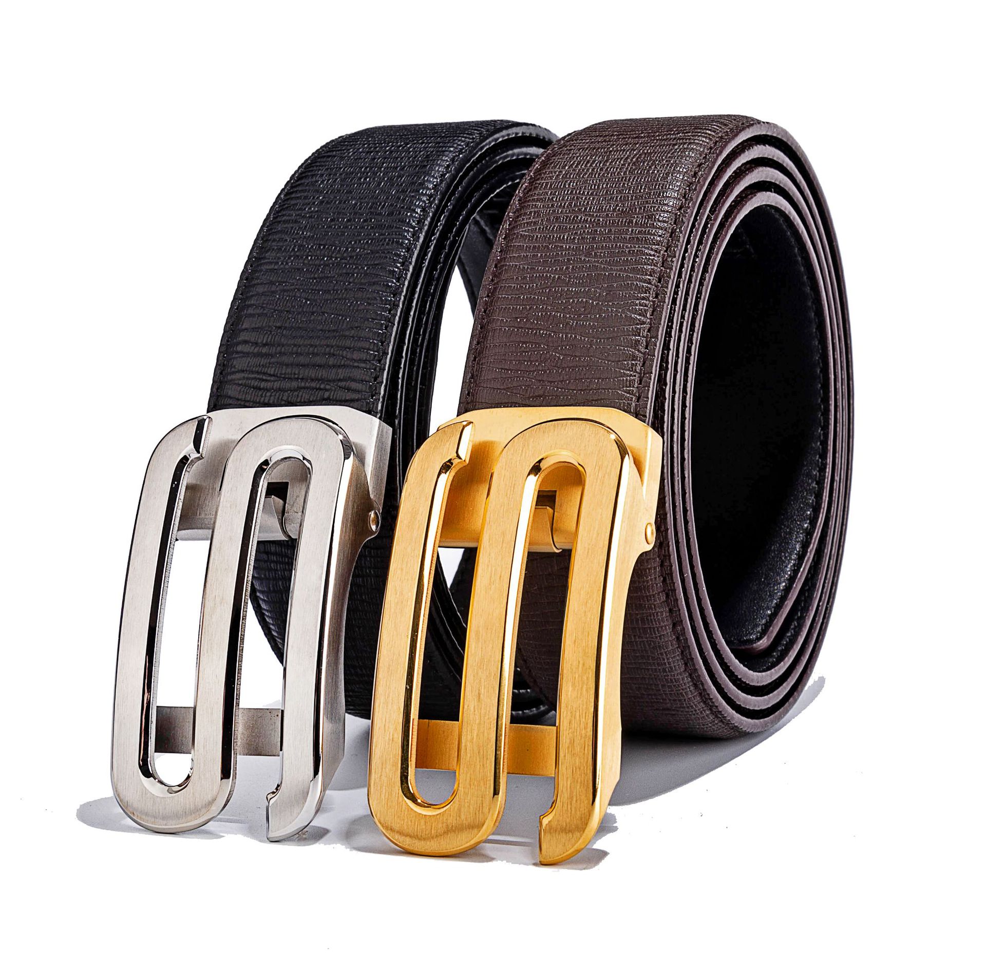 男士不锈钢扣头真皮腰带 原版手搓纹进口头层牛皮自动扣皮带