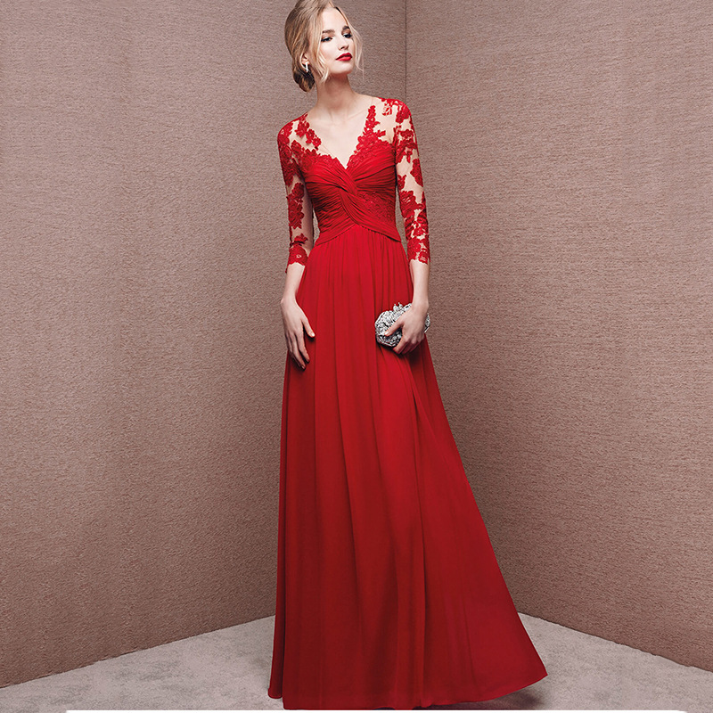 红色深v领修身齐地长礼服宴会蕾丝晚礼服女 性感修身新娘敬酒服
