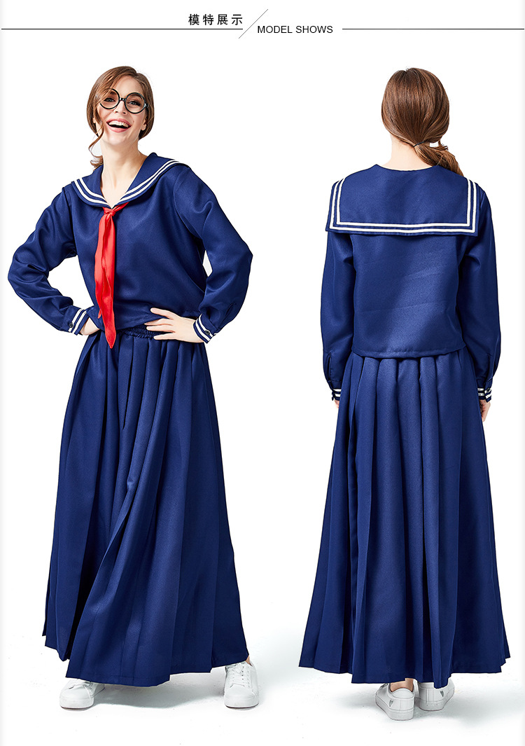 欧美成年女藏蓝色海军风水手学生服休闲套装百褶中长裙制服万圣服