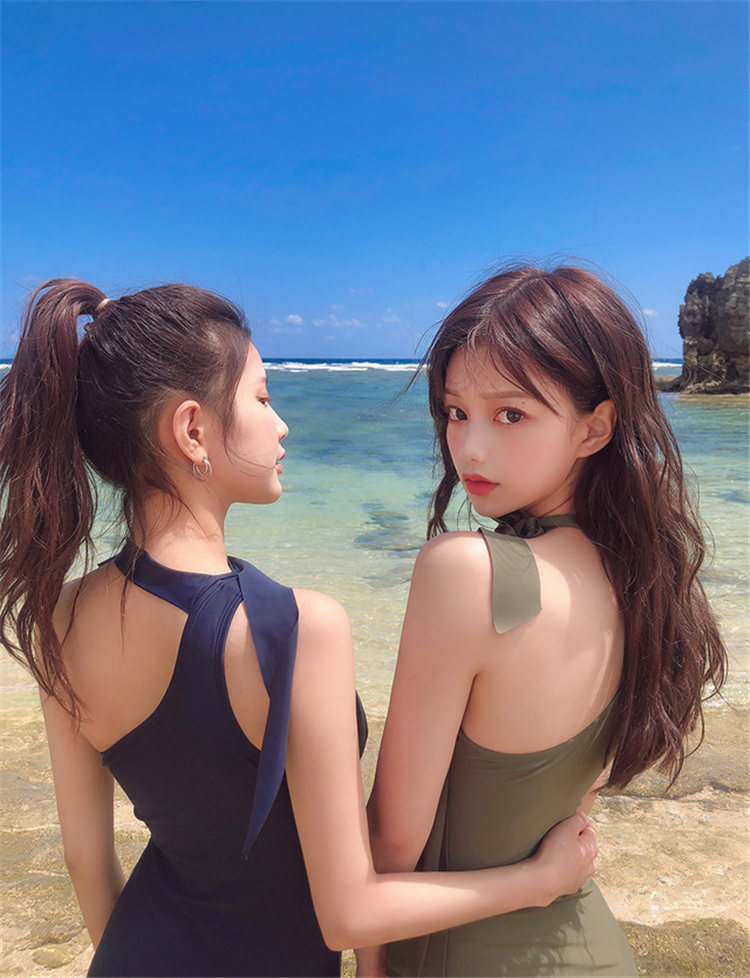 女游泳衣韩国版时尚连体单肩蓝色黑绿色比基尼显瘦温泉泳装