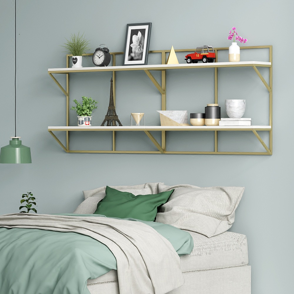 北欧铁艺实木墙上装饰架 客厅壁挂架厨房墙上置物架 金色双层书架