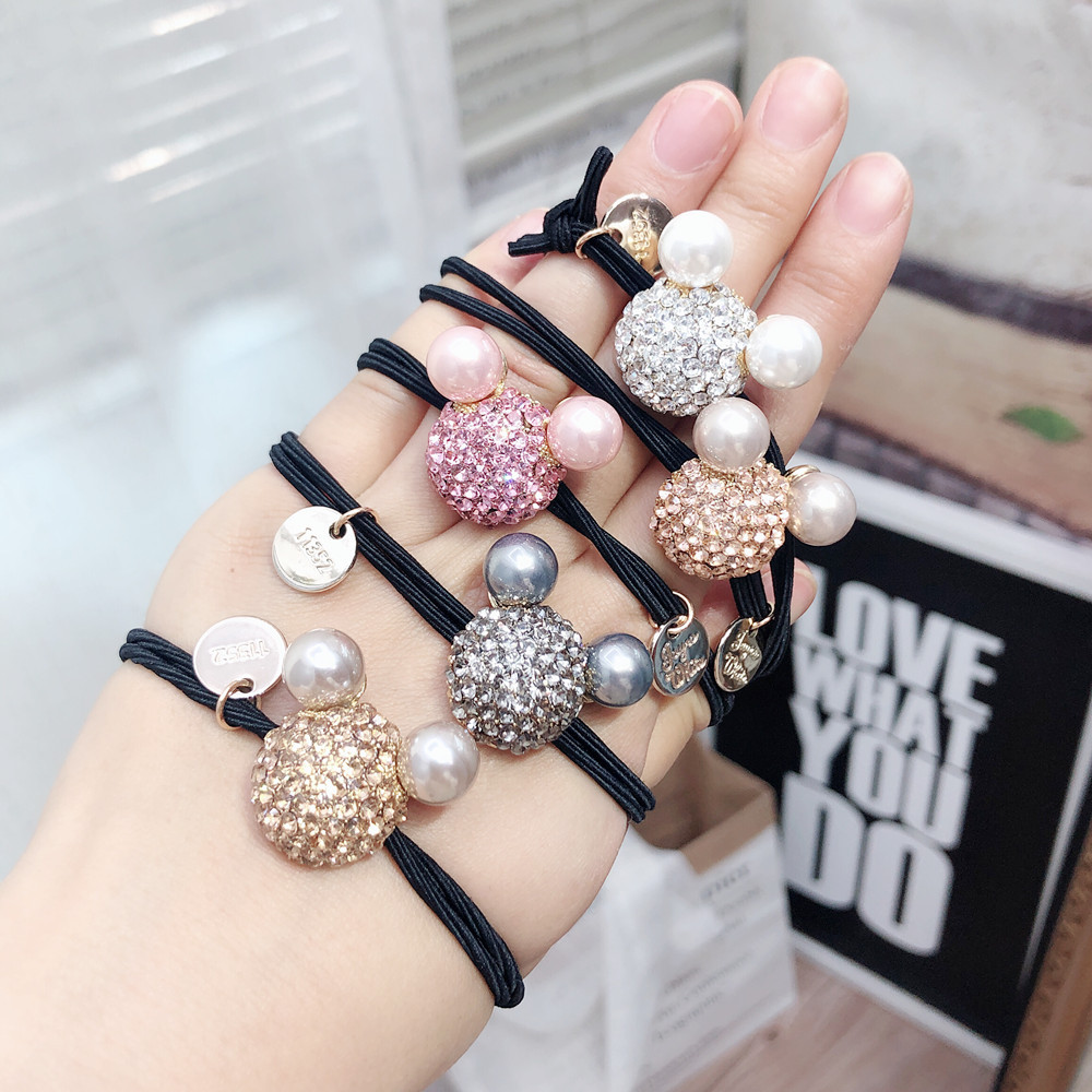 c052镶钻超闪满钻猫咪发圈可爱高亮珍珠双层弹力头绳韩国东大门款