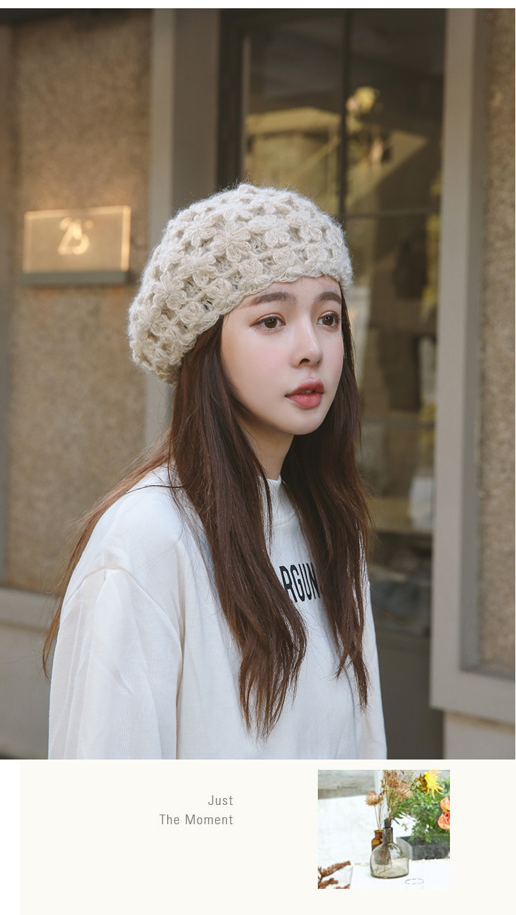 手工编织镂空花朵毛线贝雷帽女秋冬季气质复古瓜皮帽针织画家帽子