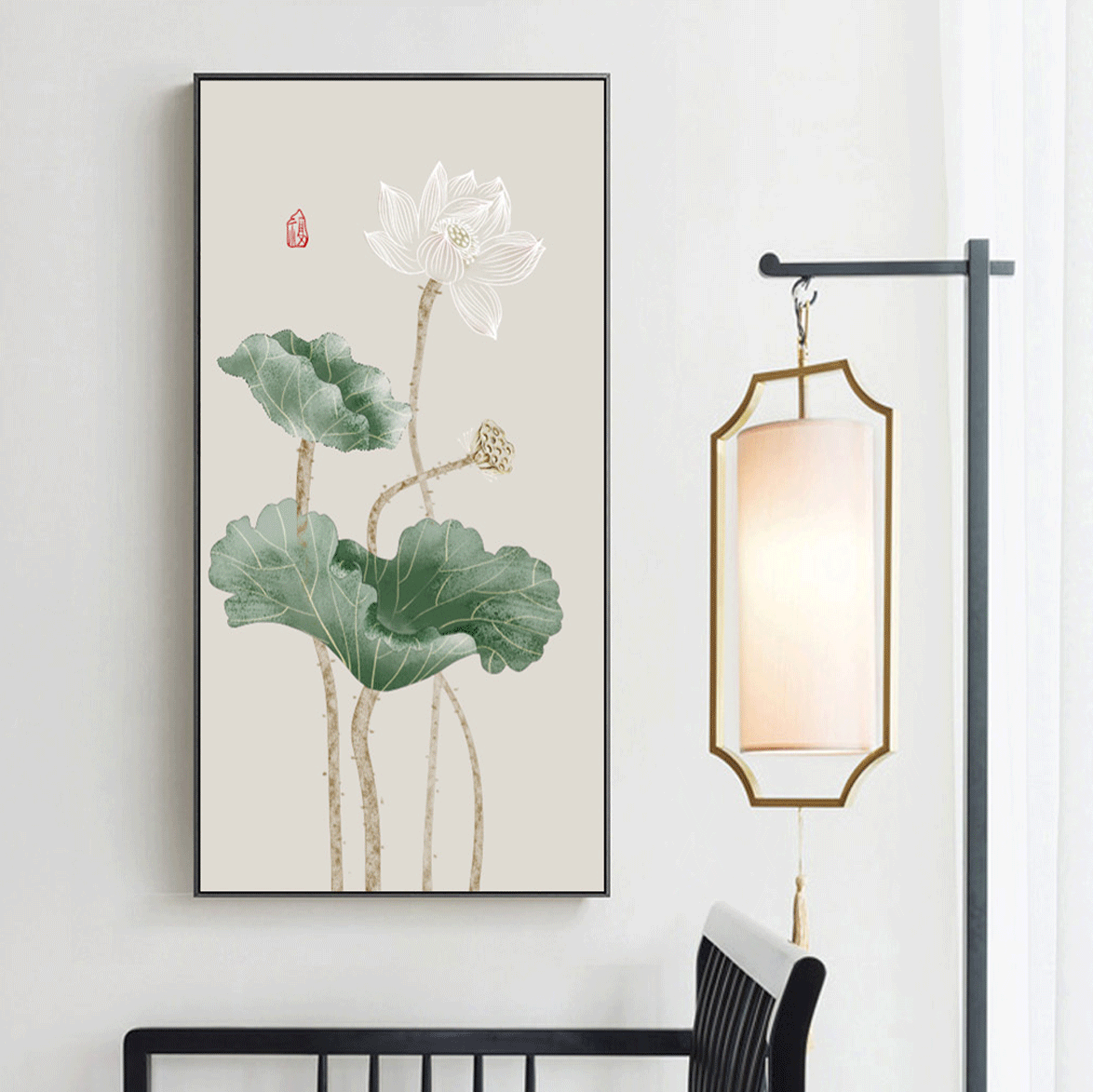 中式新中式荷花玄关走廊过道装饰画客厅背景酒店墙面装饰墙挂画