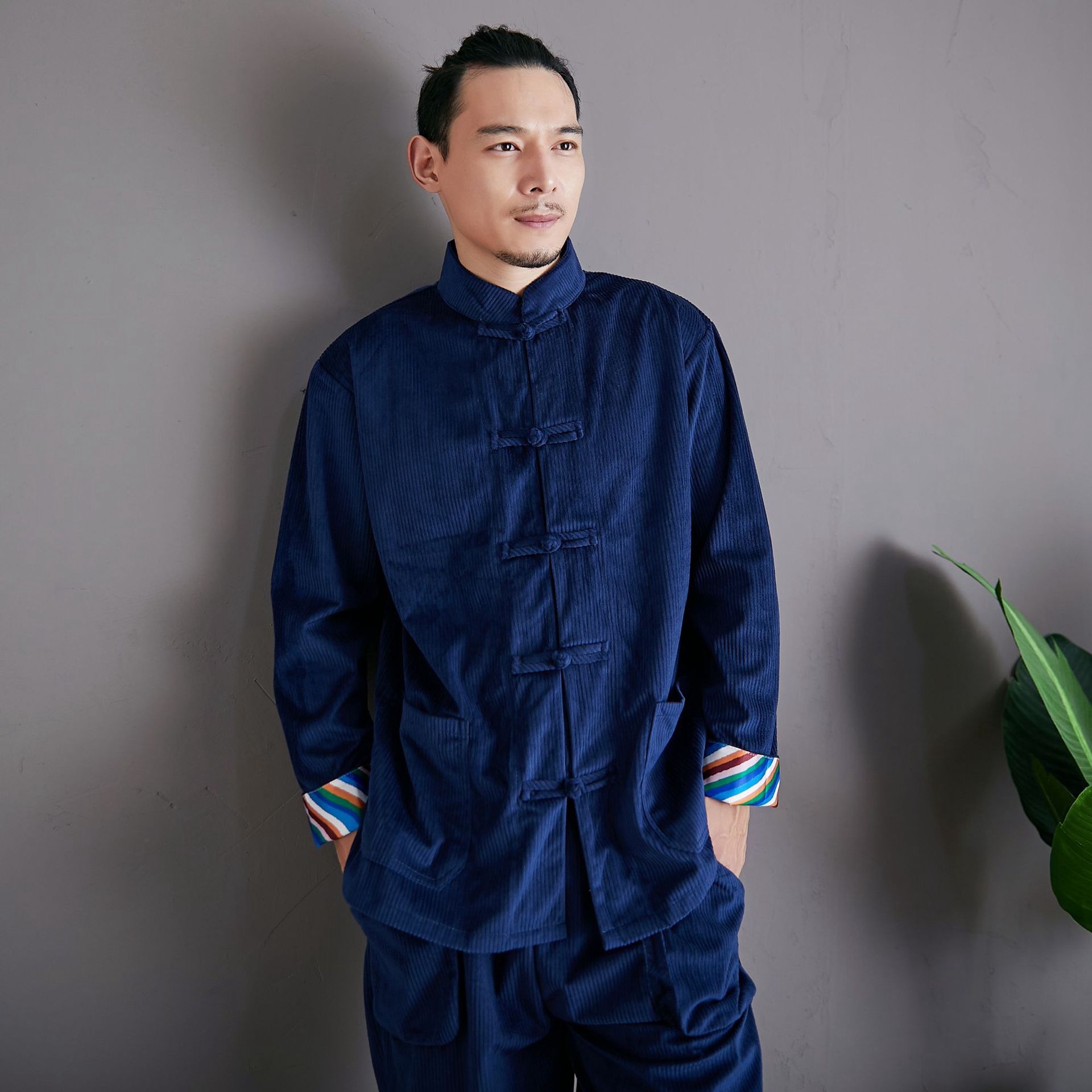 唐装秋款男中式男装灯芯绒中山装男中国风套装男宽松立领长袖长裤