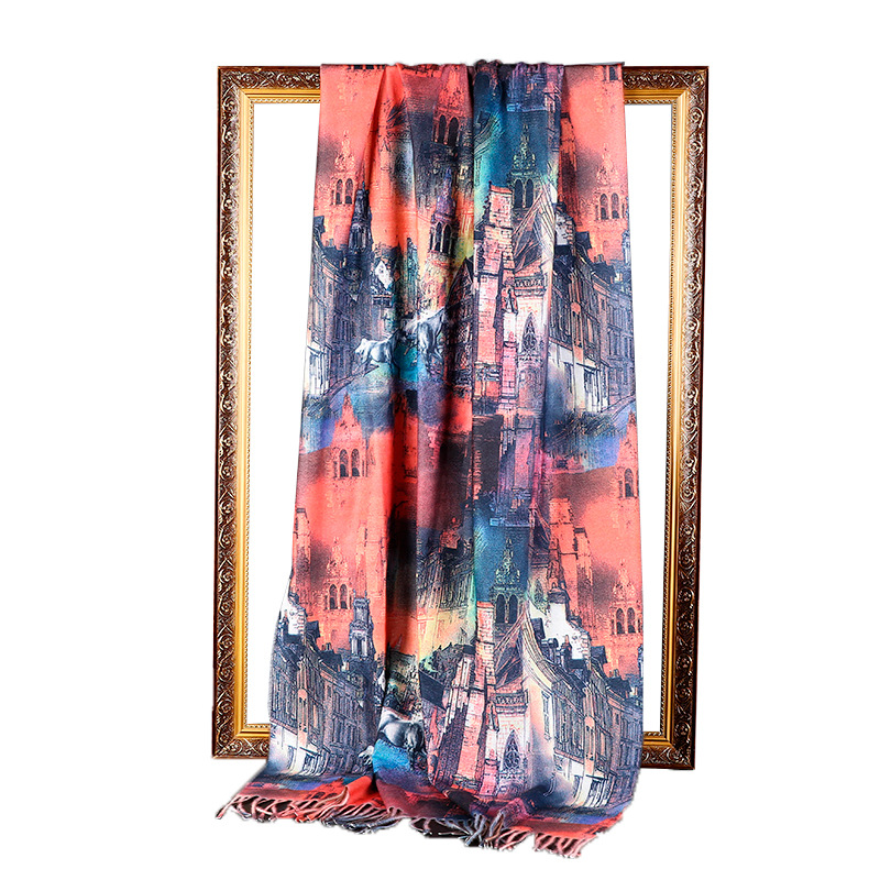 New Autumn and Winter Cashmere-like Digital Printing Scarf Custom Oil Painting Pastoral Style Scarf Cross-Border Shawl Wholesale