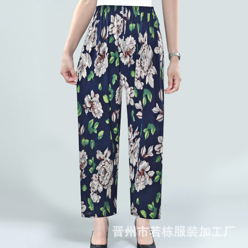 Summer Factory Direct Sales Cool Ice Silk Women's Pants Ice Silk Women's Flower Pants Cropped Flower Pants Middle-Aged and Elderly Casual Pants