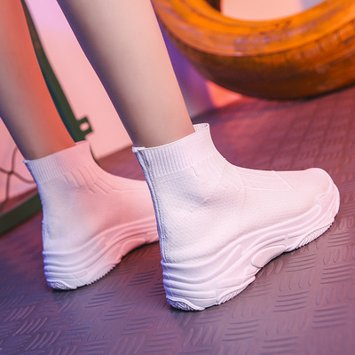 夏季透气超火袜子鞋女厚底增高百搭小白鞋韩版高帮飞织运动鞋休闲