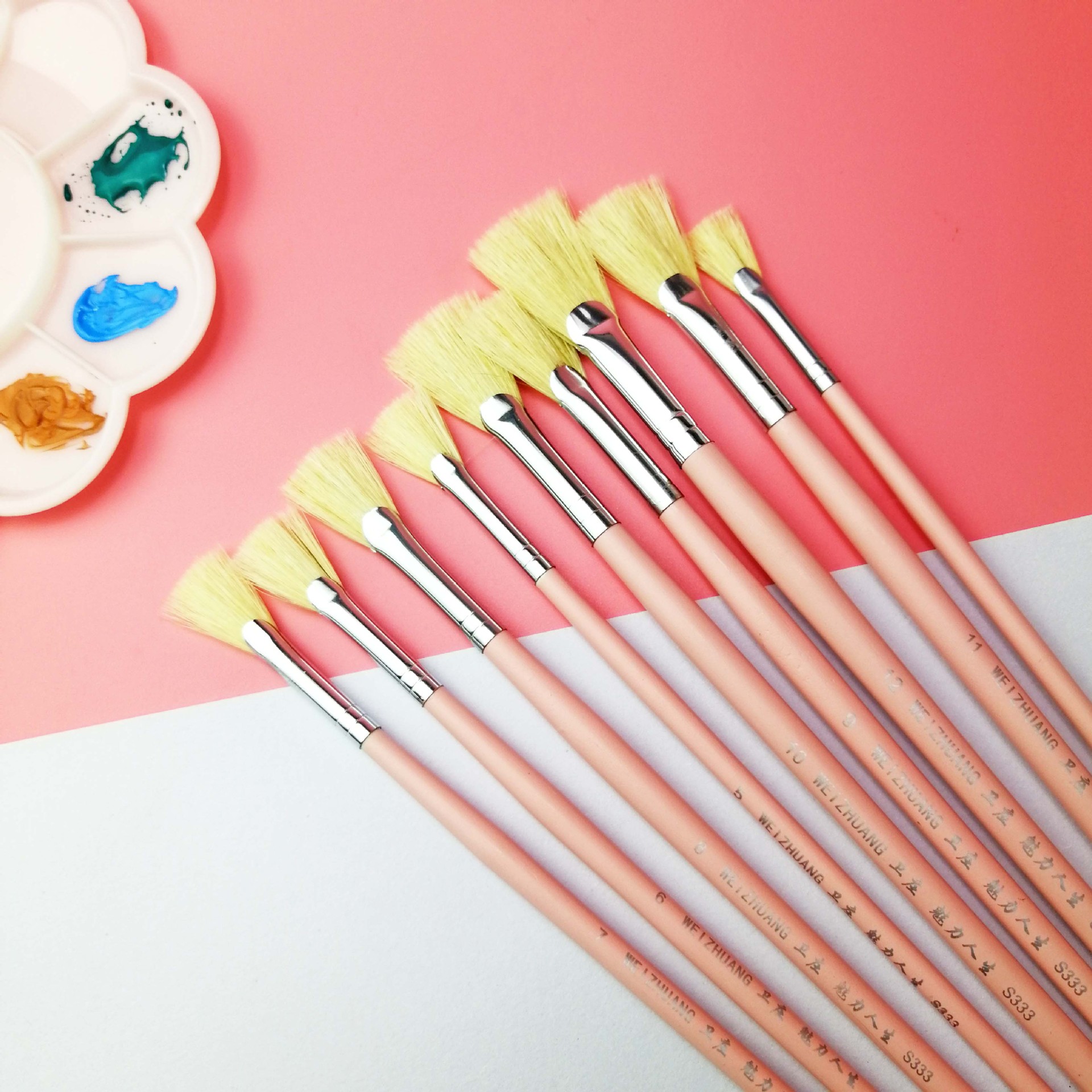 厂家直销扇形猪鬃画笔丙烯水彩水粉颜料笔学生美术套装单支油画笔