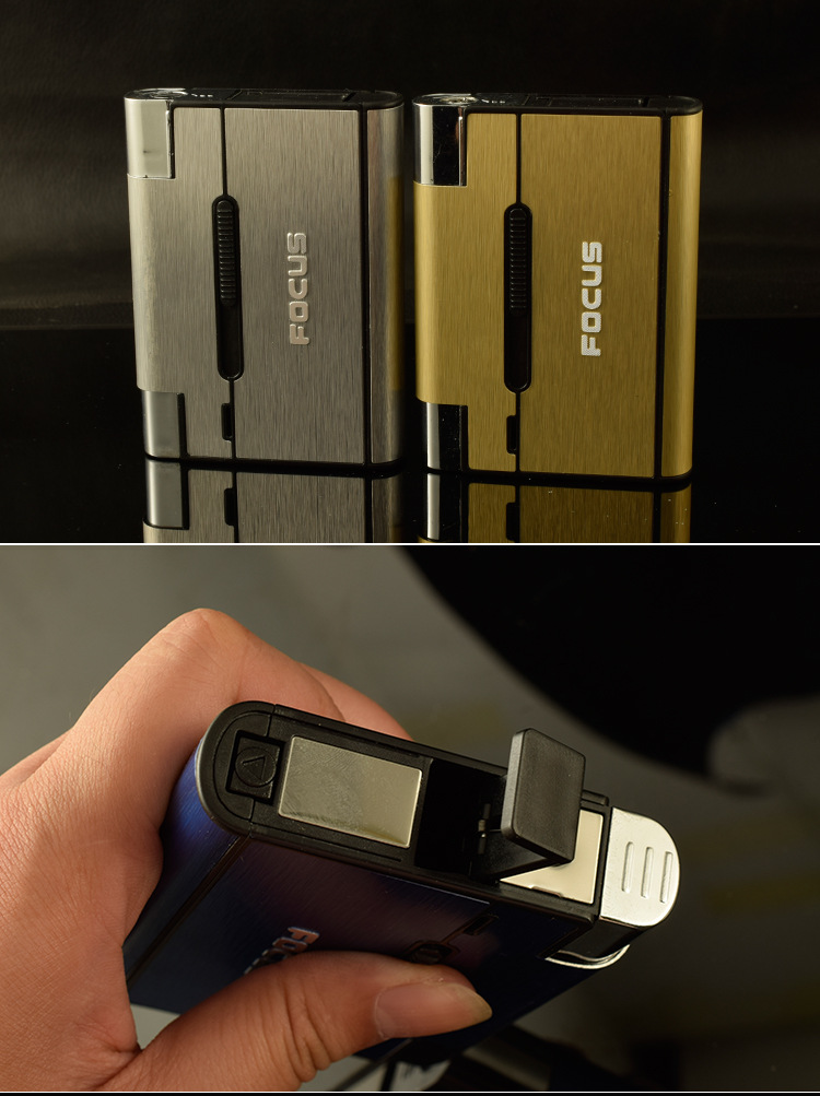 focus 自动弹烟盒打火机可装烟可点火一机两用铝塑装烟盒打火机