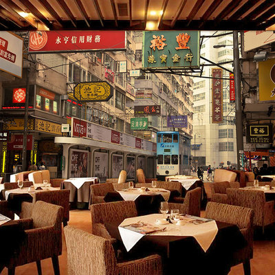 怀旧港风街景壁纸3d壁画复古饭店香港招牌装饰港式茶餐厅背景墙纸