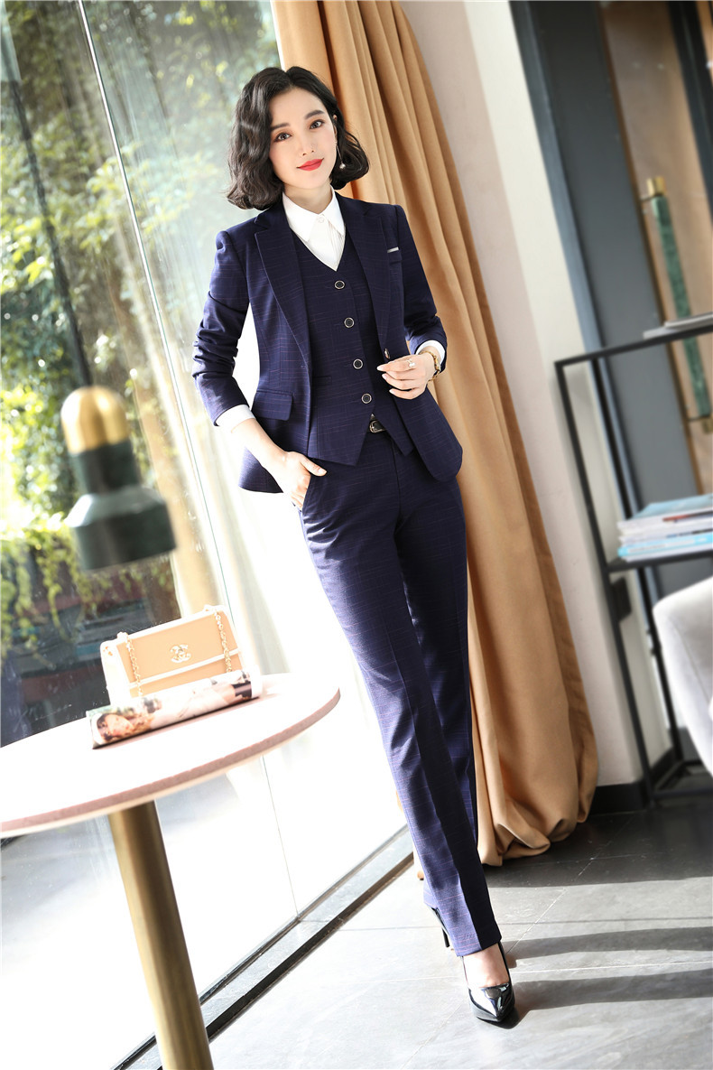 2019新款西装正装女装套装秋冬格子职业装工作服女时尚气质ol西服