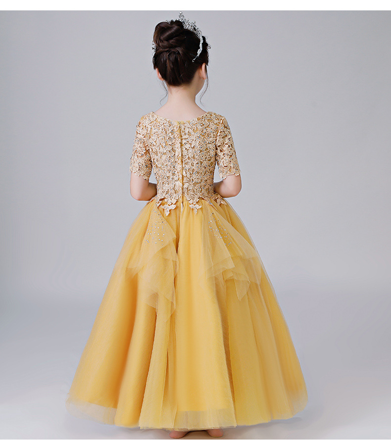 女童金色晚礼服公主裙长裙蓬蓬纱儿童婚纱走秀小主持人钢琴演出服
