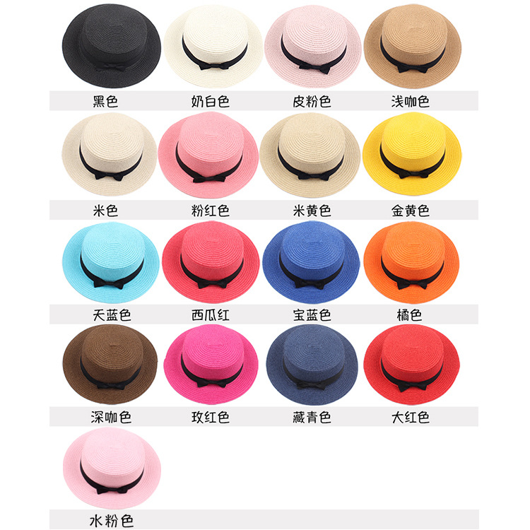 Spring and Summer Korean Straw Hat British Retro Europe and America Bow Flat Top Hat Sun-Proof Beach Hat