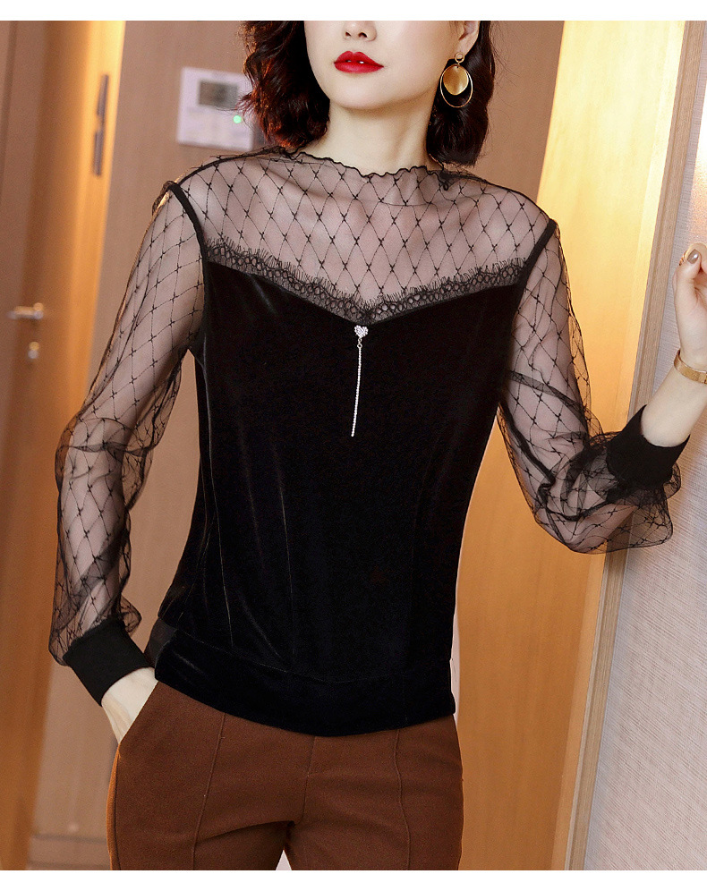 2019新款秋冬蕾丝拼接网纱长袖t恤钻饰链条修身显瘦黑色打底衫
