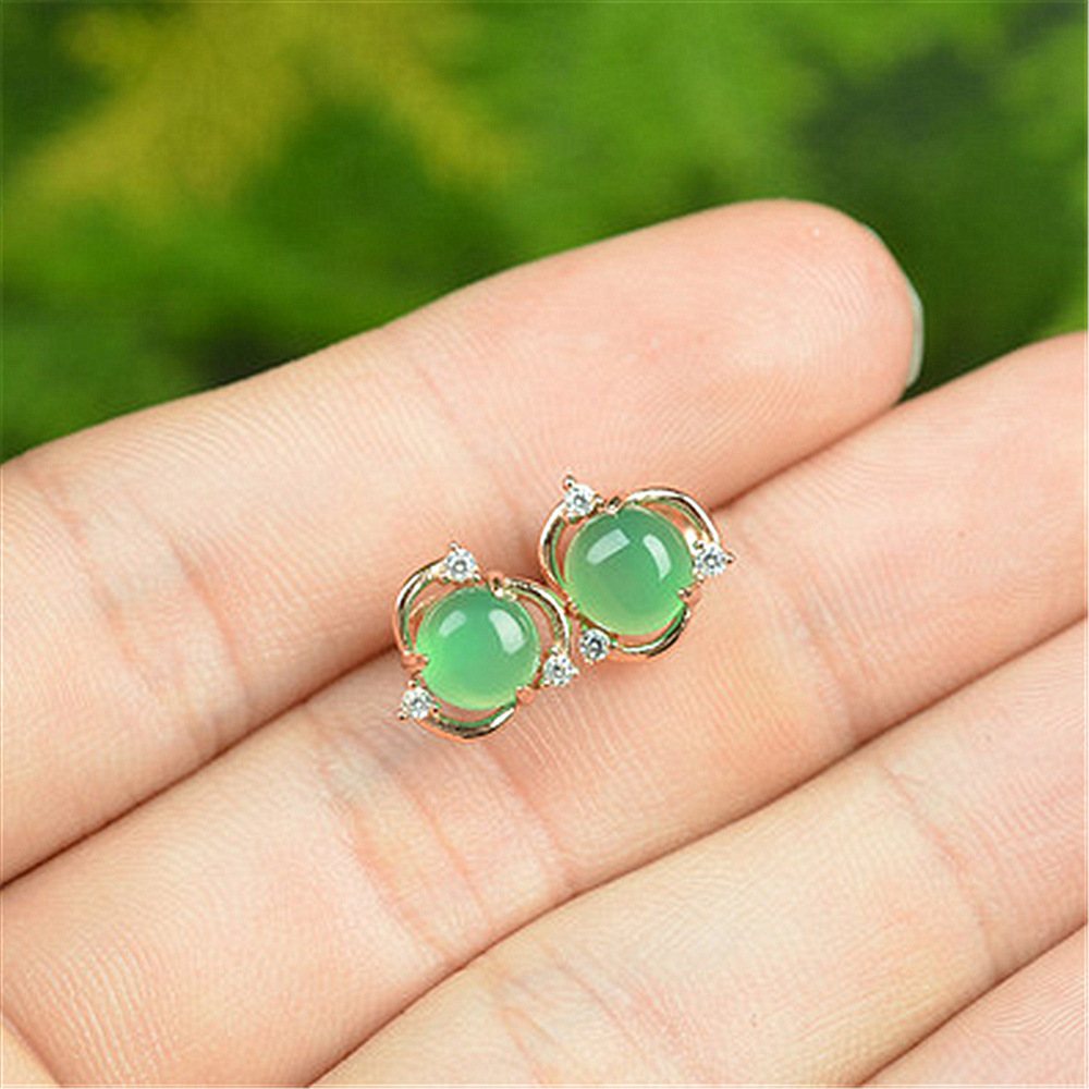 韩版镀925银镶嵌天然冰透玉髓耳钉 蛋面花型耳钉女款银饰耳环饰品