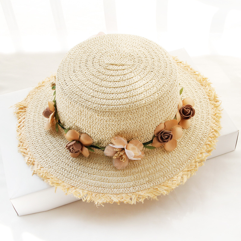 Straw Hat Women's Sun Hat Sun Protection Outdoor Garland Flat Top Hat Travel Seaside Beach Hat Foldable