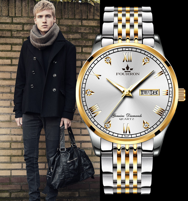 正品翡浪手表男士非机械表男表金色经典超薄钢带防水夜光男石英表