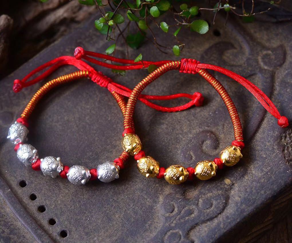 五福小金猪手串硬金小猪手链红绳本命年礼物女款 银猪手链