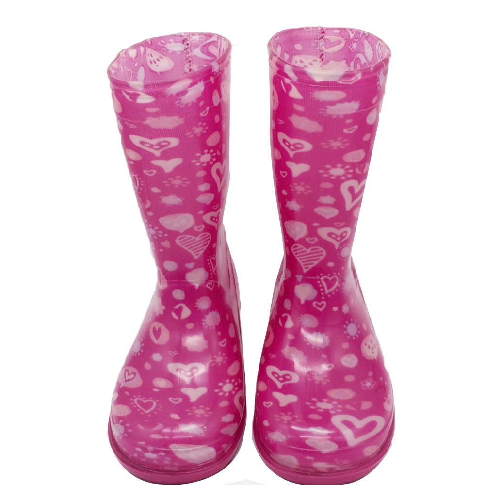 定制定做pvc儿童雨鞋玫红色爱心印花儿童雨鞋雨靴
