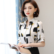 一件代发雪纺衫短袖女2019夏季新款韩版五分袖衬衣修身印花衬衫寸