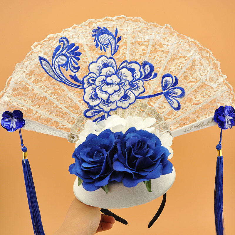 中国古风青花瓷系列创意头饰走秀模特比赛夸张头饰彩妆造型发饰品