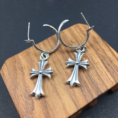s925纯银复古做旧泰银十字架带环女耳环带坠简约男士霸气个性耳钉