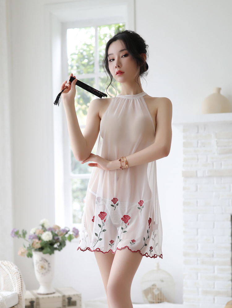 情趣内衣玫瑰恋人妩媚婉约刺绣透明吊带睡裙2色 亚马逊