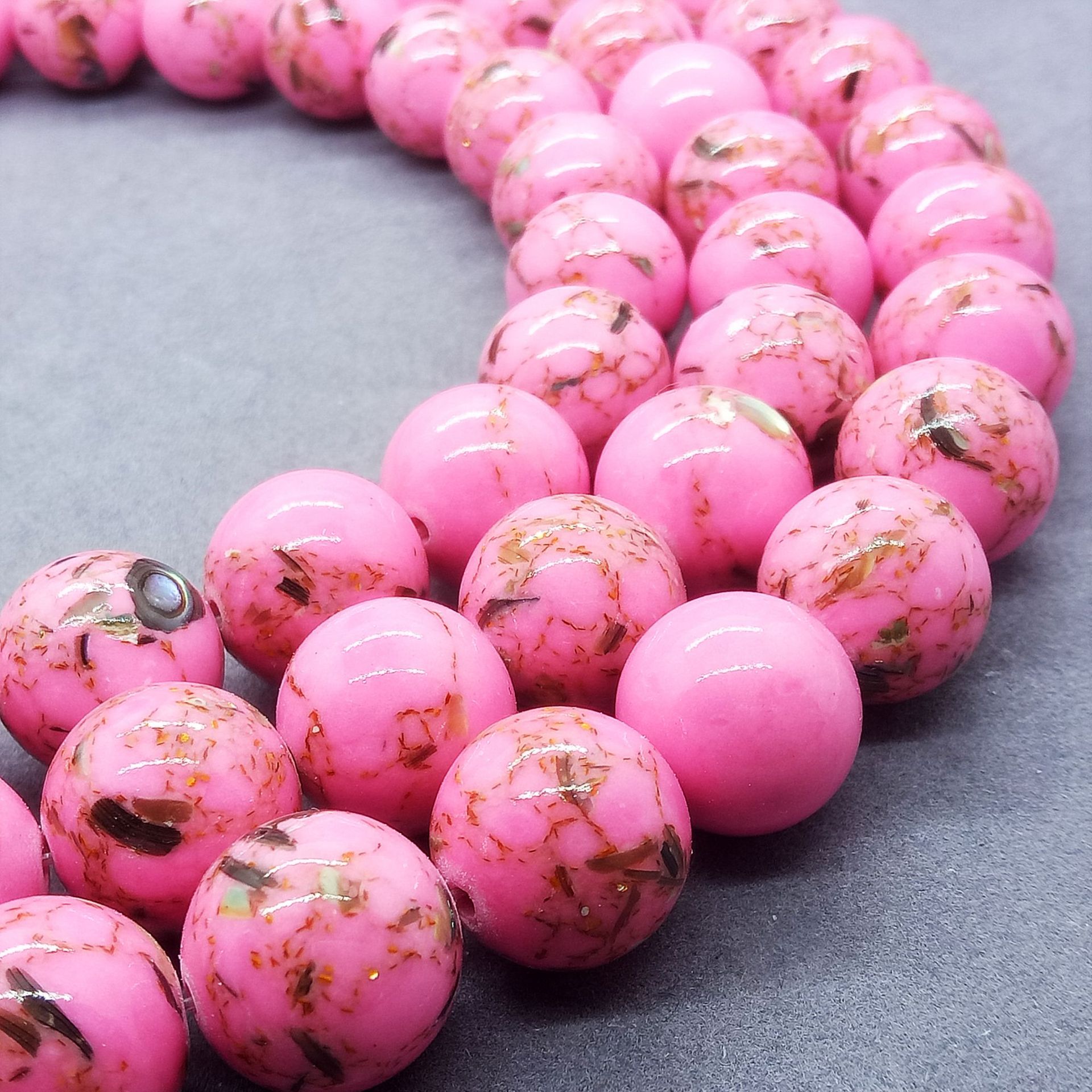 深粉色金线松贝壳松石散珠 粉色金贝松圆珠半成品批发